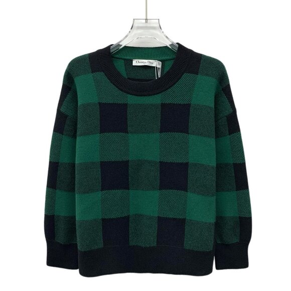 EW0081 Christian Dior Green Check Letter Print Cashmere Round Neck Long Sleeve S